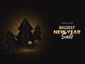 Biggest New Year Sale Poster Design With Xmas Trees, Gift Box And Glitter Effect On Black