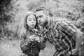 Biggest pollen allergy questions. Father little girl enjoy summertime. Dad and daughter blowing dandelion seeds. Keep Royalty Free Stock Photo