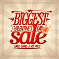 Biggest Valentine`s day sale web banner, lovely savings and hot prices vector holiday poster template