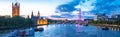 Bigh Ben and Thames riverfront sundown panoramic view in London Royalty Free Stock Photo