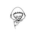 Bighead trying snowboarding. hand drawn vector monochrome outline cartoon character illustration with white background Royalty Free Stock Photo