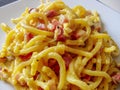 Bigoli alla carbonara, traditional homemade spaghetti