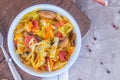 Bigos - stewed cabbage with carrots , smoked sausages and mushrooms, traditional dish of polish cuisine Royalty Free Stock Photo