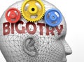 Bigotry and human mind - pictured as word Bigotry inside a head to symbolize relation between Bigotry and the human psyche, 3d