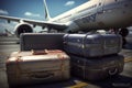 A bigs suitcases are lying outdoor at the airport nearby plane