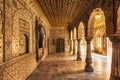 Medieval royal palace architecture at Junagarh Fort with intricate gold artwork at Bikaner, Rajasthan, India