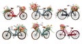 Set of vintage bikes with flowers in baskets. Generative Ai