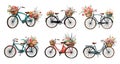 Set of vintage bikes with flowers in baskets. Generative Ai