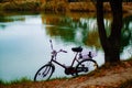 Bike abandoned by a lake in autumn park. Royalty Free Stock Photo