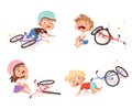 Bike accident. Kids fallen damaged bicycle broken transport children accidents helping person vector characters