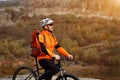 Bike adventure travel photo. Bike tourists ride on the countryside downhill. Royalty Free Stock Photo