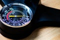 Bike air-pump with tachometer or pressure gauge shows tire pressure for manual tire inflation Royalty Free Stock Photo