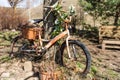 Bike artificial imitations adorned with beautiful flowers on the grass.