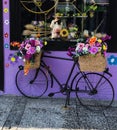 Bike with baskets with flowers like decoration for flowers shop Royalty Free Stock Photo