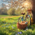 Bike being propped against the tree with basket full of Easter eggs on the meadow.