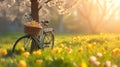 Bike being propped against the tree with basket full of Easter eggs.