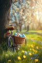 Bike being propped against the tree with basket full of Easter eggs on the meadow.