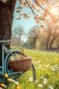 Bike being propped against the tree with basket full of Easter eggs on the meadow.