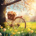 Bike being propped against the tree with basket full of Easter eggs on the meadow.