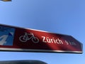 Cycle track- way to Zurich, Switzerland. Red signboard.