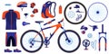 Bike bicycle vector illustration set, cartoon flat cycle parts infographic elements collection of cyclist gear Royalty Free Stock Photo