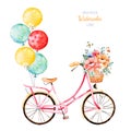 Bike with bouquet in basket and multicolored balloons Royalty Free Stock Photo