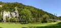 Bike bridge under cliffs on Donau river near Gutenstein, Germany