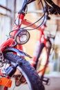 Bike in the city: Front picture of a city bike, blurred background