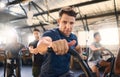 Bike, class and exercise man portrait with cycling training, wellness and fitness gym group. Athlete with motivation Royalty Free Stock Photo
