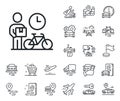 Bike courier line icon. Delivery bicycle sign. Plane, supply chain and place location. Vector