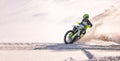 Bike, dust and mockup with a sports man riding a vehicle in the desert for adventure or adrenaline. Motorcycle, space