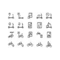 Bike and electric scooter sharing flat line icons set. Urban transportation, rental, sharing service, parking, eco transport, Royalty Free Stock Photo