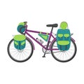 The bike is equipped for Hiking, traveling and Cycling tours. Flat vector illustration of a bike with backpacks on trunk and