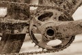 Bike gears with chain (selective focus). Messy close up of bicycle gear with details, chain and gearshift mechanism.. Royalty Free Stock Photo