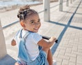 Bike, girl and smile for beach, holiday and outdoor to relax, summer and waterfront. Portrait, cycling and female child