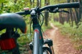 Bike handlebars with speed switches and brake levers. Walk in the fresh air, active rest in the forest or park. Selective focus Royalty Free Stock Photo