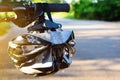 Bike helmet and bike on the street Royalty Free Stock Photo