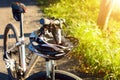 Bike helmet and bike on the street Royalty Free Stock Photo