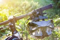 Bike helmet and bike on the street Royalty Free Stock Photo