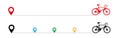 Bike icon dotted line path with start point. Set of bicycle way trace with location or map pins and dotted route.