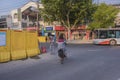 A bike junior high school student. Is passing through a construction road.