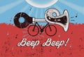 Bike with klaxon. Retro grunge poster. Vector illustration. Royalty Free Stock Photo