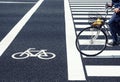 Bike lane Crossing street with People ride bicycle Traffic signage Royalty Free Stock Photo