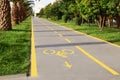 Bike lane with painted bicycle yellow sign and palm trees outdoors Royalty Free Stock Photo