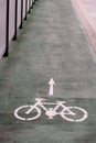 Bike lane symbol with a direction arrow on ground. Bicycle trail road sign on modern bridge for bike and cyclists in urban city. Royalty Free Stock Photo