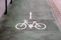 Bike lane symbol with a direction arrow on ground. Bicycle trail road sign on modern bridge for bike and cyclists in urban city. Royalty Free Stock Photo