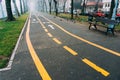 Bike lanes and sidewalk with park bench