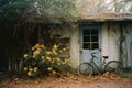 a bike leaning against a house with yellow flowers in front of it Royalty Free Stock Photo