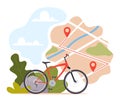 Bike, map with start and finish markers. Bicycle rental, bike sharing or delivery service. City map with pins and bike. Vector
