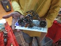 Bike mini model at hands of a seller in Indian shop.